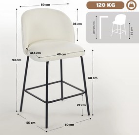 Conjunto de 2 Bancos de Bar, 55 x 50 x 93 cm, Encosto Ergonómico, Creme