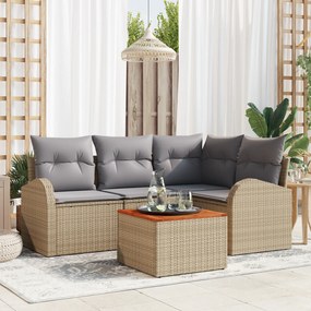 vidaXL Conjunto de Sofá de Jardim de 5 Peças com Almofadas em Bege Polirattan e Acácia