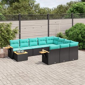 11 pcs conjunto sofás de jardim c/ almofadões vime PE preto