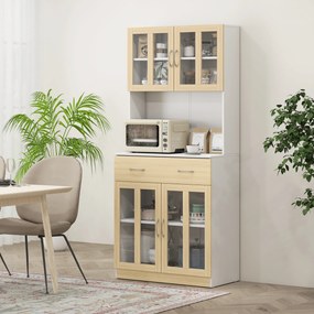 Armário de Cozinha  80x40x180 cm com 4 Portas de Vidro Bancada Aberta para Micro-Ondas Branco e Madeira