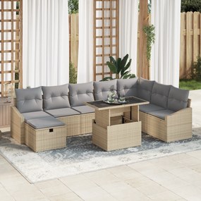 Conjunto de Sofá de 9 Peças para Jardim com Almofadas Bege de Rattan S