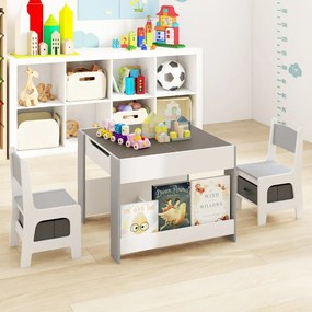 Conjunto de mesa e cadeira para crianças 4 em 1 Mesa de atividades para crianças com painéis dupla face e prateleiras laterais 2 cadeiras Branco + Cin