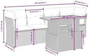 5 pcs conjunto sofás de jardim c/ almofadões vime PE cinzento