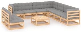 10 pcs conjunto lounge de jardim c/ almofadões pinho maciço