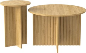 Jogo moderno de 2 mesas ninho, com tampos redondos e estrutura lateral vertical, 76x76x50 cm/40x40x56,5 cm, Cor natural