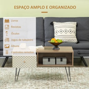 Mesa de Centro Estilo Boho Mesa de Sala de Estar com Gaveta Compartimento de Armazenamento e Pés de Metal Elevados para Escritório Estúdio 60x45x46cm