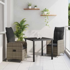 vidaXL Conjunto de Jantar de Jardim 3 Peças com Almofadas Cinza em Rattan PE
