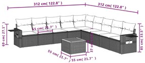 10 pcs conjunto sofás de jardim c/ almofadões vime PE cinzento