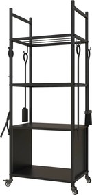 Outsunny Suporte para Lenha com Rodas de 4 Níveis com Pá Escova Atiçador e Tenaz para Interior e Exterior 45x30x118 cm Preto | Aosom Portugal