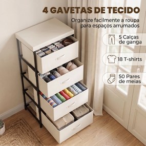 Cómoda para Quarto com 4 Gavetas em Tecido Estrutura em Aço para Sala Escritório Bege