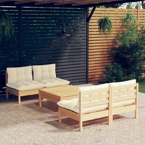 vidaXL 5 pcs conjunto lounge jardim c/ almofadões cor creme pinho