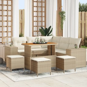 Conjunto de Sofá de Jardim vidaXL 9 Peças com Almofadas bege de Rattan PE e Acácia