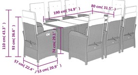 9 pcs conjunto de jantar p/ jardim c/ almofadões vime PE cinza