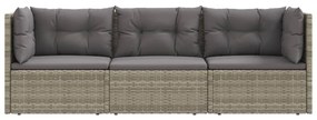 3 pcs conjunto lounge de jardim c/ almofadões vime PE cinzento