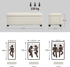 Banco de arrumação para colocar ao pé da cama em veludo canelado com tampa 112 x 42 x 40 cm, para sala de estar, quarto, hall de entrada, bege