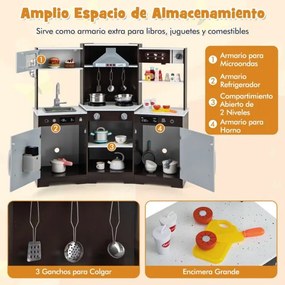 Cozinha de brincar em madeira para crianças com exaustor, exaustor de gelo, lava-loiça, torneira, forno de micro-ondas Castanha