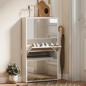 Sapateira Estreita com Espelho para 9 Pares de Sapatos para Corredor Espaços Reduzidos 65x17x114,5 cm Branco