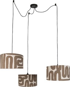 Candeeiro suspenso preto com abajur castanho bege 35cm 3-luzes - Cava