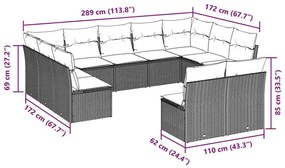 11 pcs conjunto sofás de jardim c/ almofadões vime PE castanho