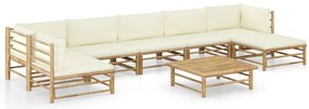 8 pcs conj. lounge p/ jardim em bambu c/ almofadões branco nata