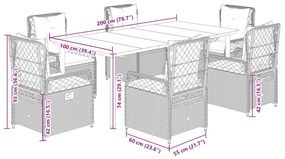 7 pcs conj. jantar p/ jardim c/ almofadões vime PE cinza-claro