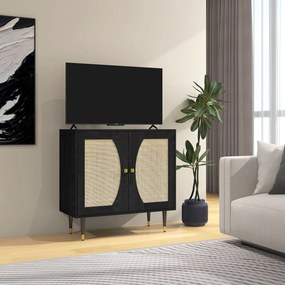 Aparador de cozinha com design boémio, duas portas e dois níveis, frente em rattan, 80 x 38 x 79 cm, preto