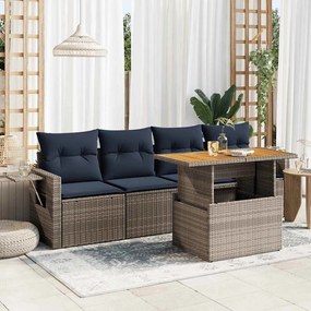 5 pcs conjunto sofás de jardim c/ almofadões vime PE cinzento