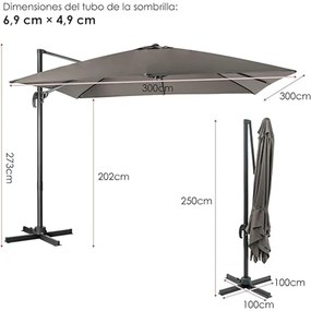 Guarda-sol 300 cm para jardim com manivela, 3 inclinações, rotação de 360°, 8 varas, base cruzada Cinzento