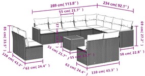 13 pcs conjunto sofás p/ jardim c/ almofadões vime PE cinzento