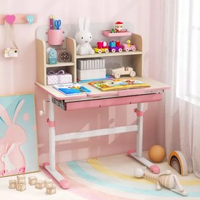 Secretária Infantil 80 x 51 x 88-110,5 cm com Altura Ajustável, Inclinável Gaveta Bandeja Estantes para Casa Escola Rosa