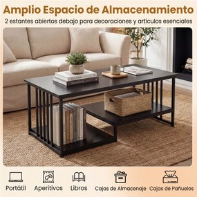 Mesa de centro retangular 110 x 60 x 45 cm com 2 prateleiras de arrumação, Estrutura metálica resistente, mesa moderna para sala de estar Preta