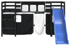 Cama alta criança c/ cortina 90x190cm pinho maciço branco/preto
