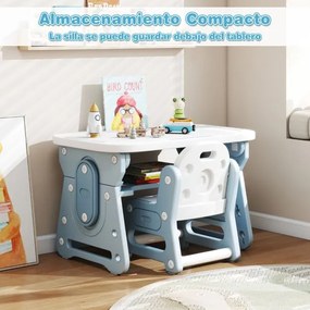 Conjunto de mesa e cadeira para crianças com quadro negro inclinado, suporte para livros e prateleira côncava para maiores de 3 anos, Azul