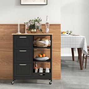 Carrinho de ilha de cozinha com tampa de madeira 3 gavetas de arrumação 2 Estantes e tabuleiro 67 x 37 x 83,5 cm Preto