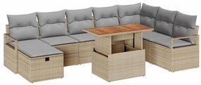 Conjunto de Sofá de Jardim 9 Peças com Almofadas Bege de Rattan Sintét