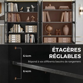 Estante com vitrina, móvel de arrumação com 6 níveis e 4 portas, das quais 2 em vidro temperado, prateleiras ajustáveis, preto