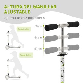 HOMCOM Trotinete para Crianças acima de 3 Anos Dobrável Trotinete com 3 Rodas com Luzes LED Guiador com Altura Ajustável e Freio Posterior Carga Máxima 50kg 54,7x32,5x59-69cm Cinza