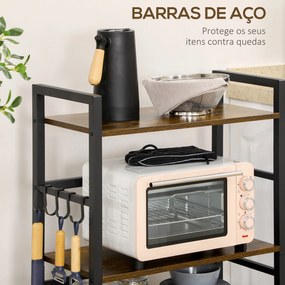 Estante de Cozinha com 4 Prateleiras Ganchos e Sistema Anti-Tombo Estante para Micro-Ondas 65x30x102 cm Castanho Rústico e Preto