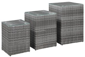 vidaXL Mesas de apoio com tampo de vidro 3 pcs vime PE cinzento