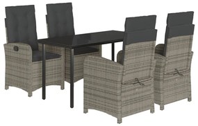 5 pcs conjunto de jantar p/ jardim c/ almofadões vime PE cinza