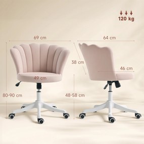 Cadeira de escritório em veludo, cadeira de Toucador com encosto em forma de pétala, altura ajustável, 69 x 64 x 80-90 cm, rosa