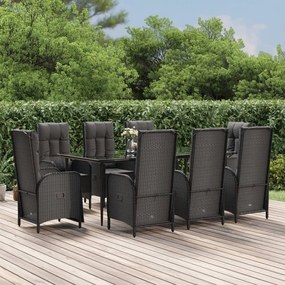vidaXL 9 pcs conjunto de jantar p/ jardim c/ almofadões vime PE preto