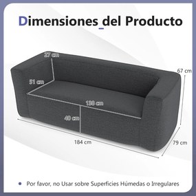 Sofá insuflável duplo portátil 184 x 79 x 67 cm com capa removível Apoios de braços largos e assento espaçoso cinzento
