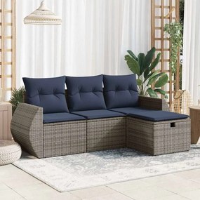 4 pcs conjunto sofás de jardim c/ almofadões vime PE cinzento
