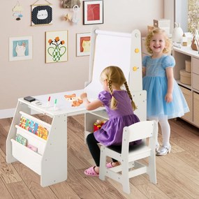 Conjunto de mesa e cadeira artística para crianças com 2 quadros, rolo de papel, copos de tinta, cavalete e cadeira multifuncional cinza e branca