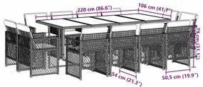 13 pcs conj. jantar jardim c/ almofadões vime PE cinzento-claro