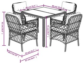 5 pcs conjunto de jantar p/ jardim c/ almofadões vime PE preto