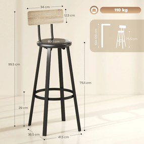 Conjunto de 2 Bancos de Bar Bancos Altos de Cozinha com Encosto e Apoio para Pés Estofados em PU Assento 41,5x36,5x99,5 cm Madeira e Preto