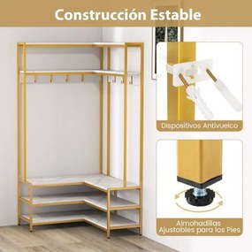 Guarda roupa aberto, móvel entrada de canto com prateleiras abertas e ganchos Banco para sapatos Estrutura metálica sólida 90 x 90 x 178 cm Branco