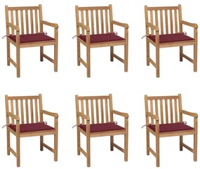 vidaXL Cadeiras de jardim almofadões vermelho tinto 6 pcs teca maciça